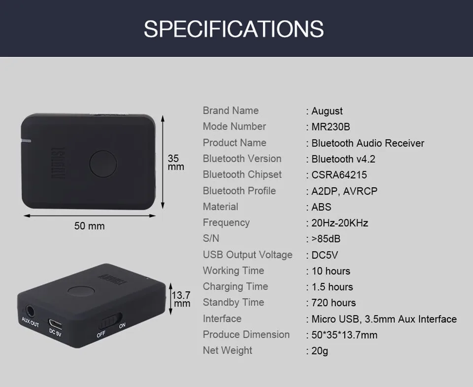 August MR230 APTX Bluetooth Receiver