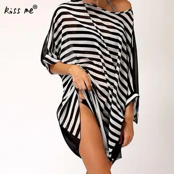 

2019 Summer Striped Beach Wear Sexy Bikini Cover Up See Through Beach Dress Tunic Women Loose Sarong Casual Beach Short Dress