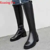 Krazing Pot 2019 genuine leather long boots med heels career women keep warm zipper gentlewomen riding over-the-knee boots L82