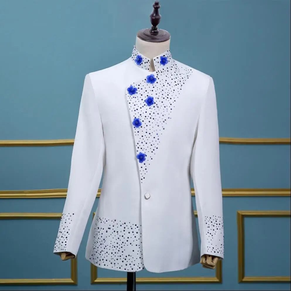 

S-xxl Autumn And Winter Chinese Style Men Retro Suit White Blue Diamond Stand Collar Suit Bridegroom Formal Dress Singer Costum