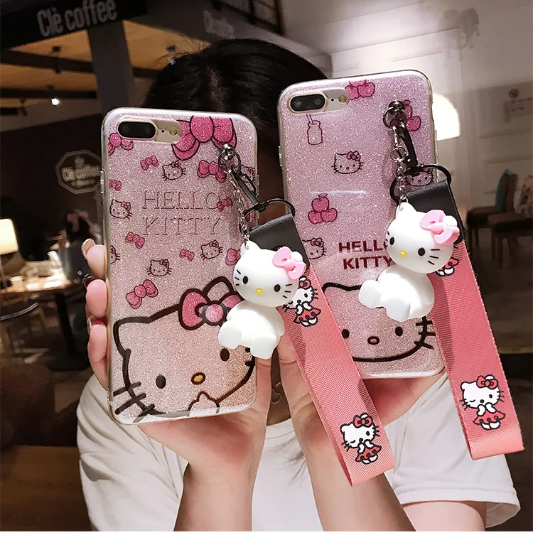 

For iPhone 5 5S SE Kitty Case, bling Hello Kitty Cover for iPhone X 6 6S 6SPlus 7 7plus 8 8plus KT cover + toy stander +StrapS