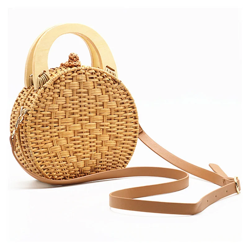 

Straw Handbags For Women 2019 Wooden Hand-Woven Beach Bag Circular Knitting Bags Travel Tote Rattan Bags For Women Crossbody Bag