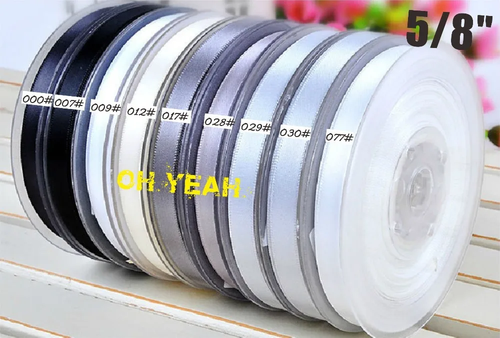 

5/8" 16mm solid color single face satin ribbon--Black White Grey color series