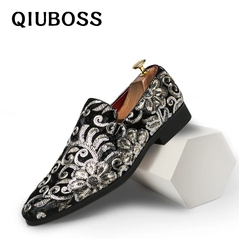 

Luxury Men Shoes gold men Dress Shoes leather velvet Gentleman Loafers Sequins Decorate Brand male wedding party shoes