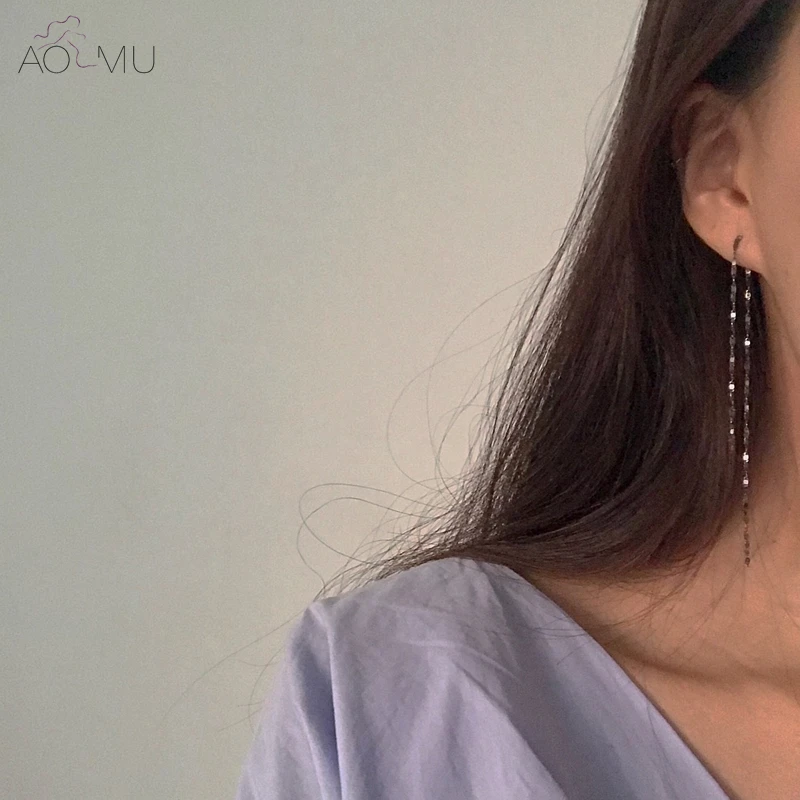 AOMU, корейский дизайн, S925 Стерлинговое Серебро, булавка, двухсторонняя Длинная кисточка, тонкая металлическая цепочка, висячие серьги для женщин, подарок для девушек