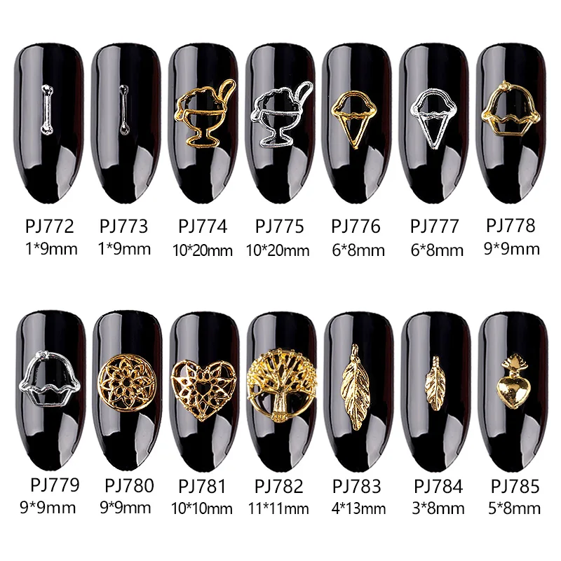 

20Pcs Metal Gold Silver Copper Ice Cream Feather Heart T Studs For Nails Design Charms Manicure 3D Nail Art Decorations