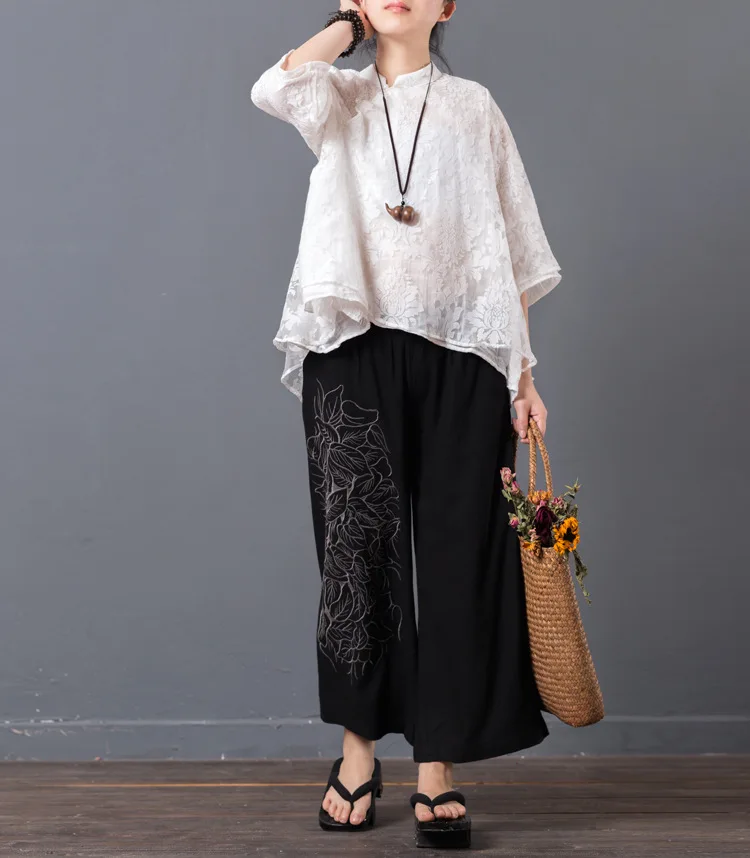 LZJN Original Women Floral Blouse Summer Tops Traditional Chinese Cheongsam Top Qipao White 4 Colors Lace Shirt with 34 Sleeve  (23)