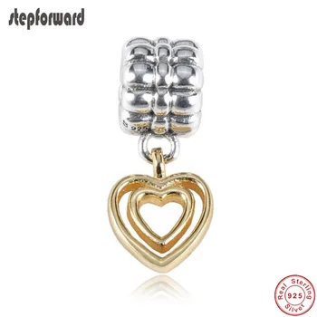 

STEP FORWARD New Design High Quality Double Gold Heart 925 Sterling Silver Heart Pendant Charm Fitting European Charm Bracelet