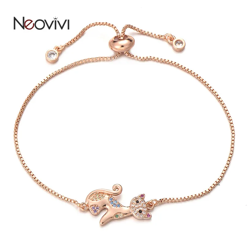 

Neovivi Trendy Colorful CZ Cat Charm Bracelets Women Girl Cute Animal Bracelet Adjustable Jewelry Cubic Zircon Copper DIY Bangle