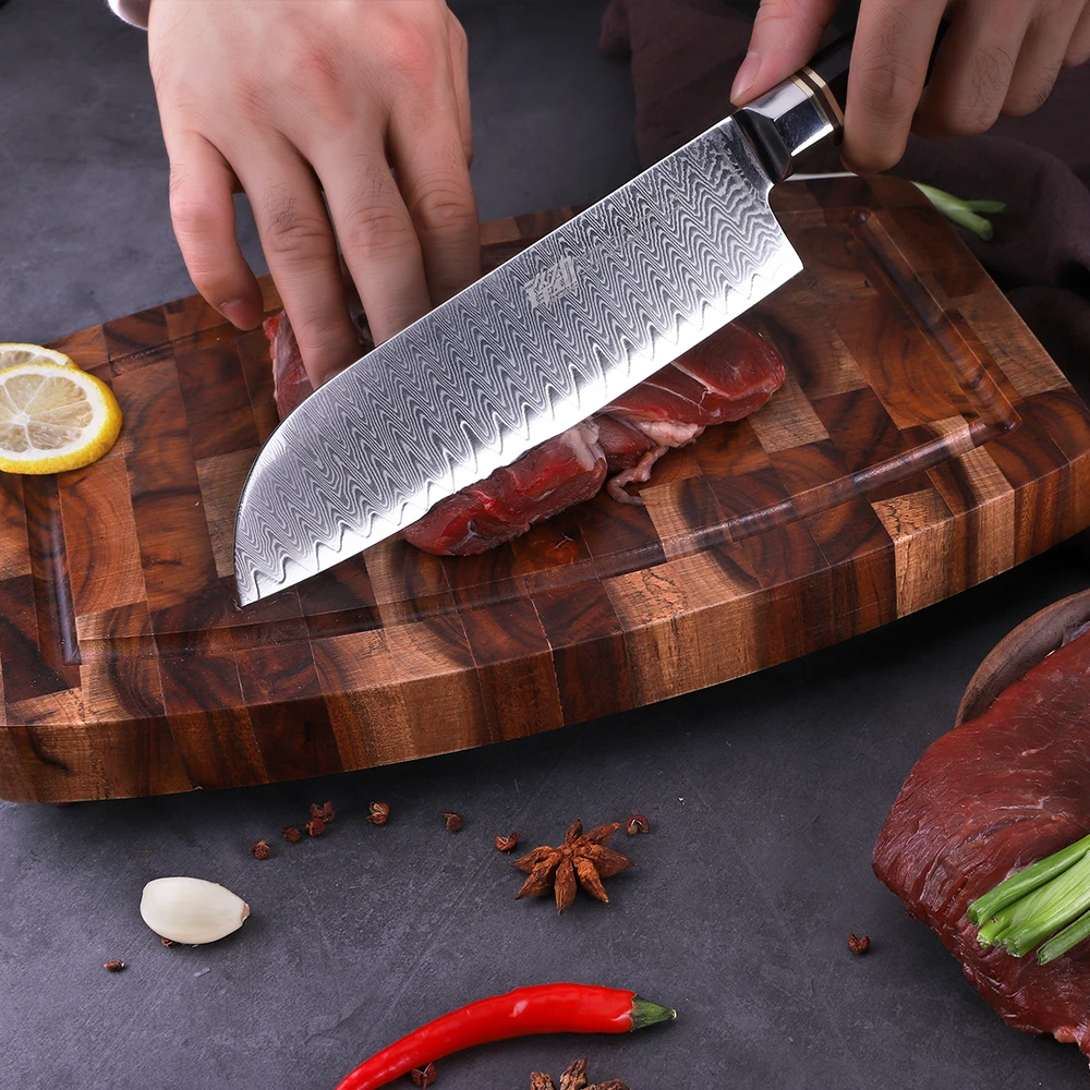 FINDKING Профессиональный 7 дюймов Santoku Ножи эбенового дерева восьмиугольная ручка лестница Pattern 67 слоев из дамасской стали Сталь японский Ножи