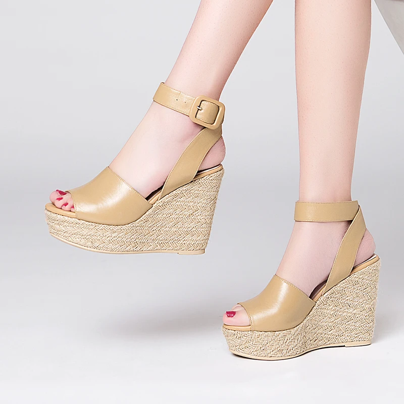 

Genuine Leather Women Sandals White Wedge Heels Shoes Woman Open toe High Heels Platform Gladiator Sandals Sandalias Mujers