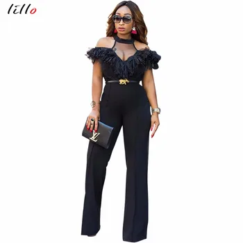 

2019 Sexy Wide Leg Jumpsuit Classic Black Halter Shoulder Lace Satin Lace Hot Bodysuit Perspective ruffles High-quality bodysuit