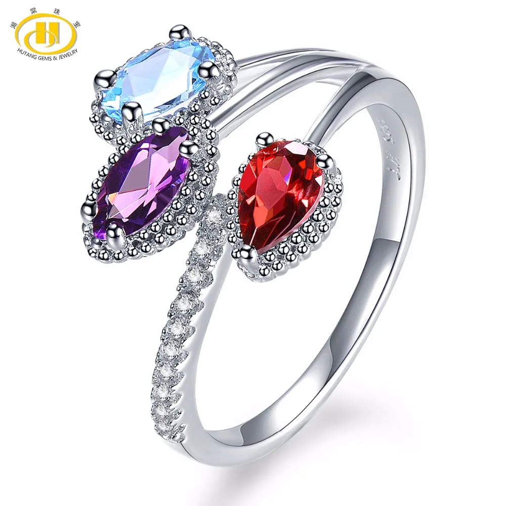 

Hutang Natural Multi Gemstone Rhodolite Garnet Amethyst Blue Topaz Solid 925 Sterling Silver Ring Fine Jewelry presents Gift NEW