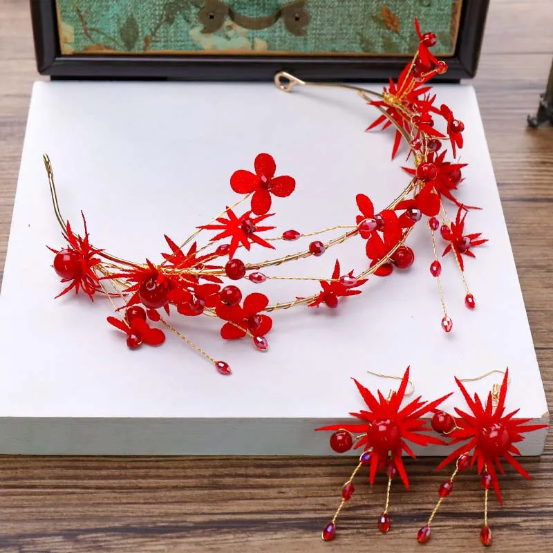 

Exquisite Red Rose Chinese Crystal Bride Headbands Flower Leaf Bridal Tiara and Earrings Set Wedding Hair Accessories Jewelry BH