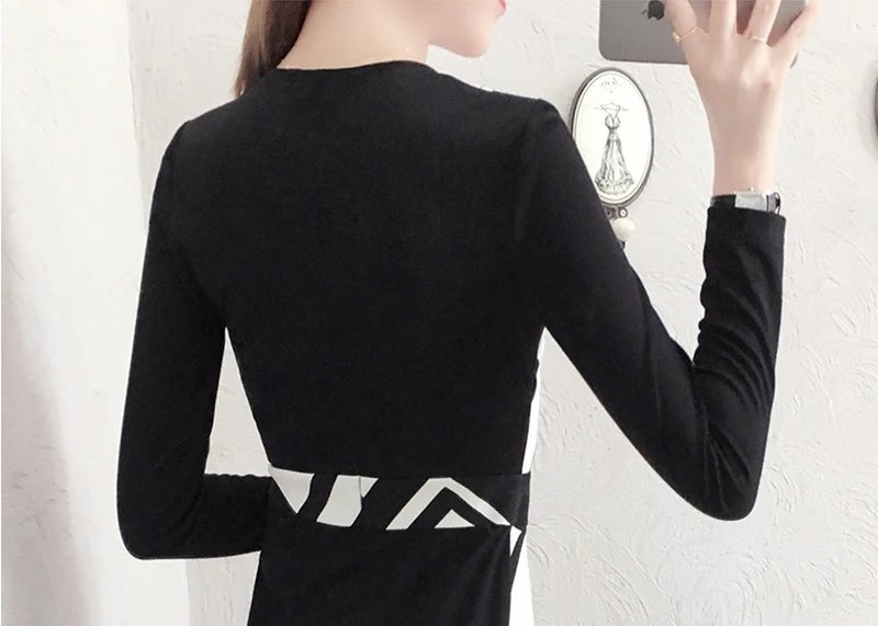 Discount Noble Fashion Summer Dresses Geometric Pattern V Neck Pencil Wrap Dresses Casual Office Body-con Long Sleeve Short Dress!   es Z462 6