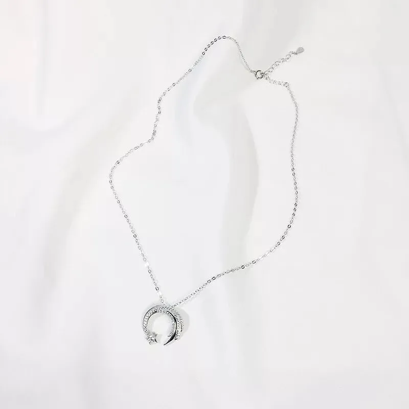 Crystal Moon Star Pendant 925 Sterling Silver Necklace Women