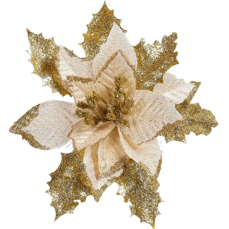 12Pieces Glitter Poinsettia Flowers Christmas Tree Poinsettia Ornaments for Christmas Valentine's Day Floral Decorations - Цвет: gold