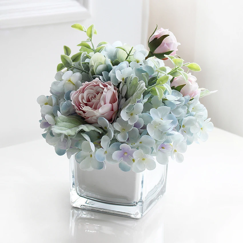 

High quality Europe Glass Vase with Artificial flowers sets Home terrarium glass containers flower vases creative weddings decor