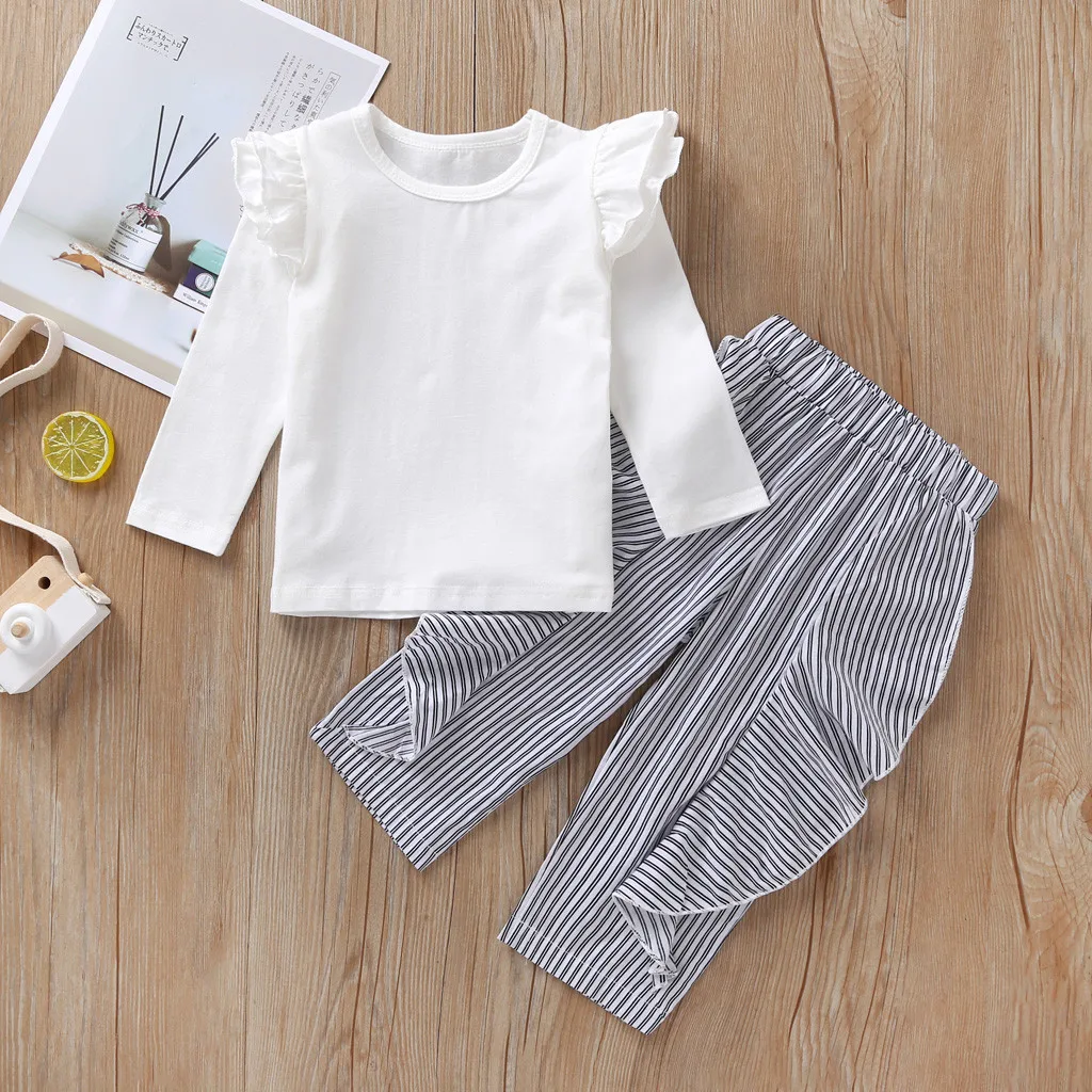 

Children ClothSet Toddler Kids Baby Girl Long Sleeve Frill Solid Tops+Stripe Frill Pants Outfit Autumn Winter Girls Clothes M50#