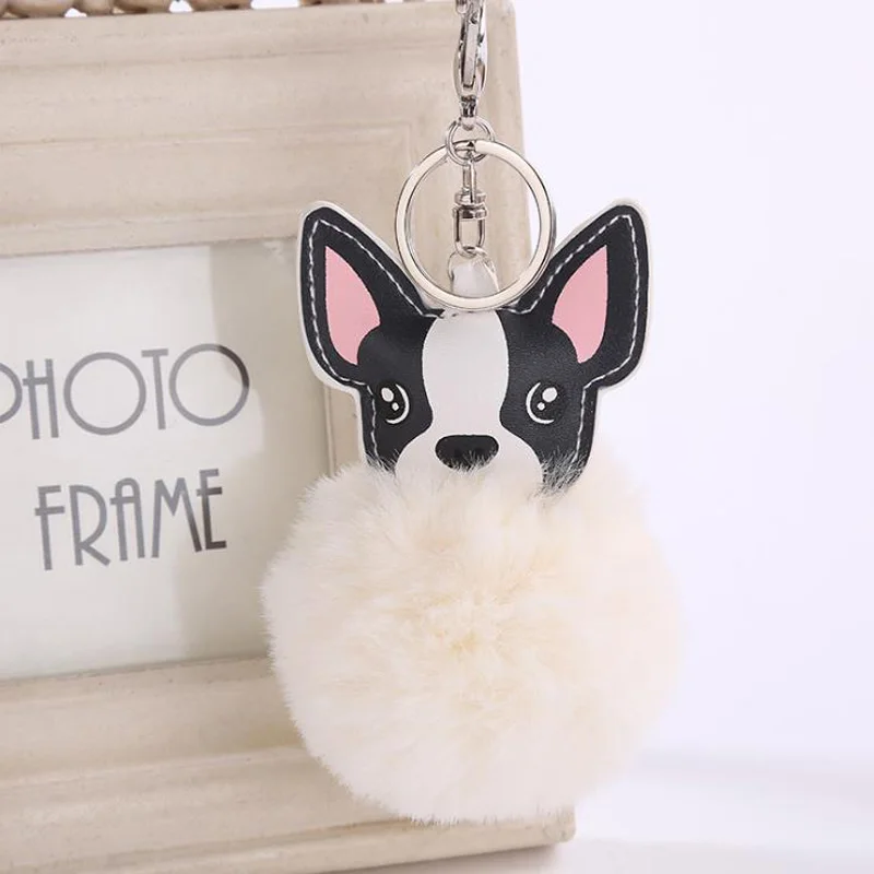 Брелок с симпатичной собакой пушистый мех кролика Французский бульдог брелок помпон брелок кожаный держатель для животных женская сумка автомобильный брелок для ключей