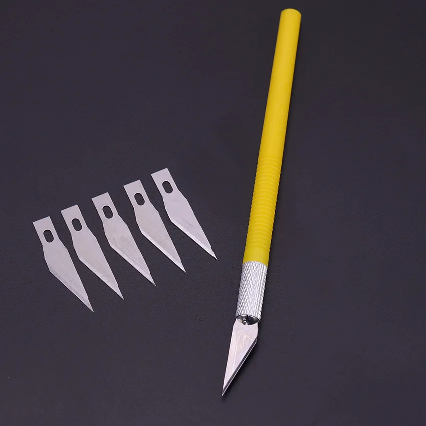 6 лезвий, пластиковая ручка, лезвие для скальпеля, нож для резки древесины, бумаги, ремесло, ручка, гравировка, режущие принадлежности, сделай сам, универсальный канцелярский нож - Цвет: Цвет: желтый