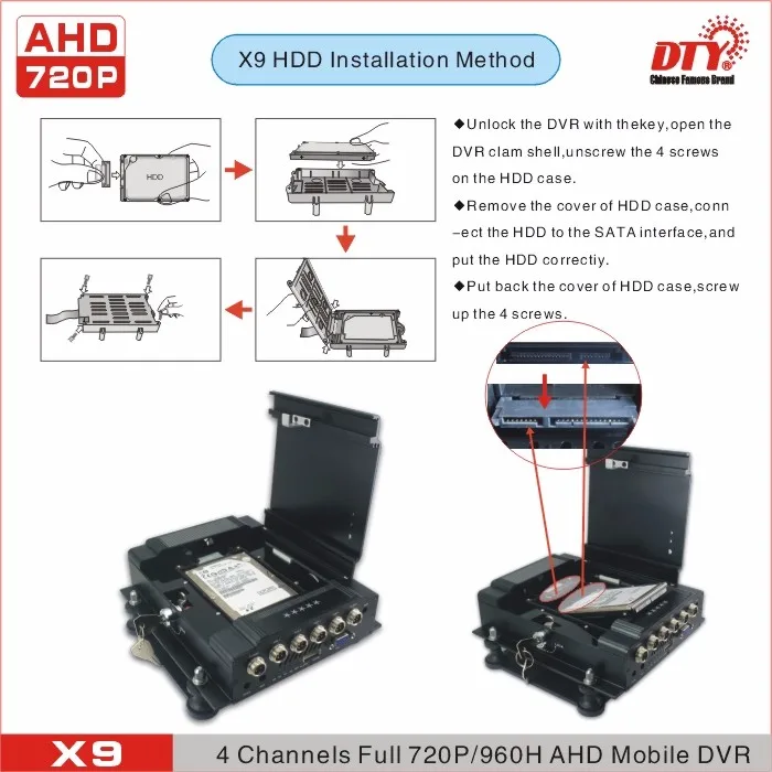 X9(базовая модель), 4CH AHD 720 P HDD и sd-карта Мобильный DVR для легковой автомобиль автобус грузовик такси и т. д. автономная модель, нет сетевого порта