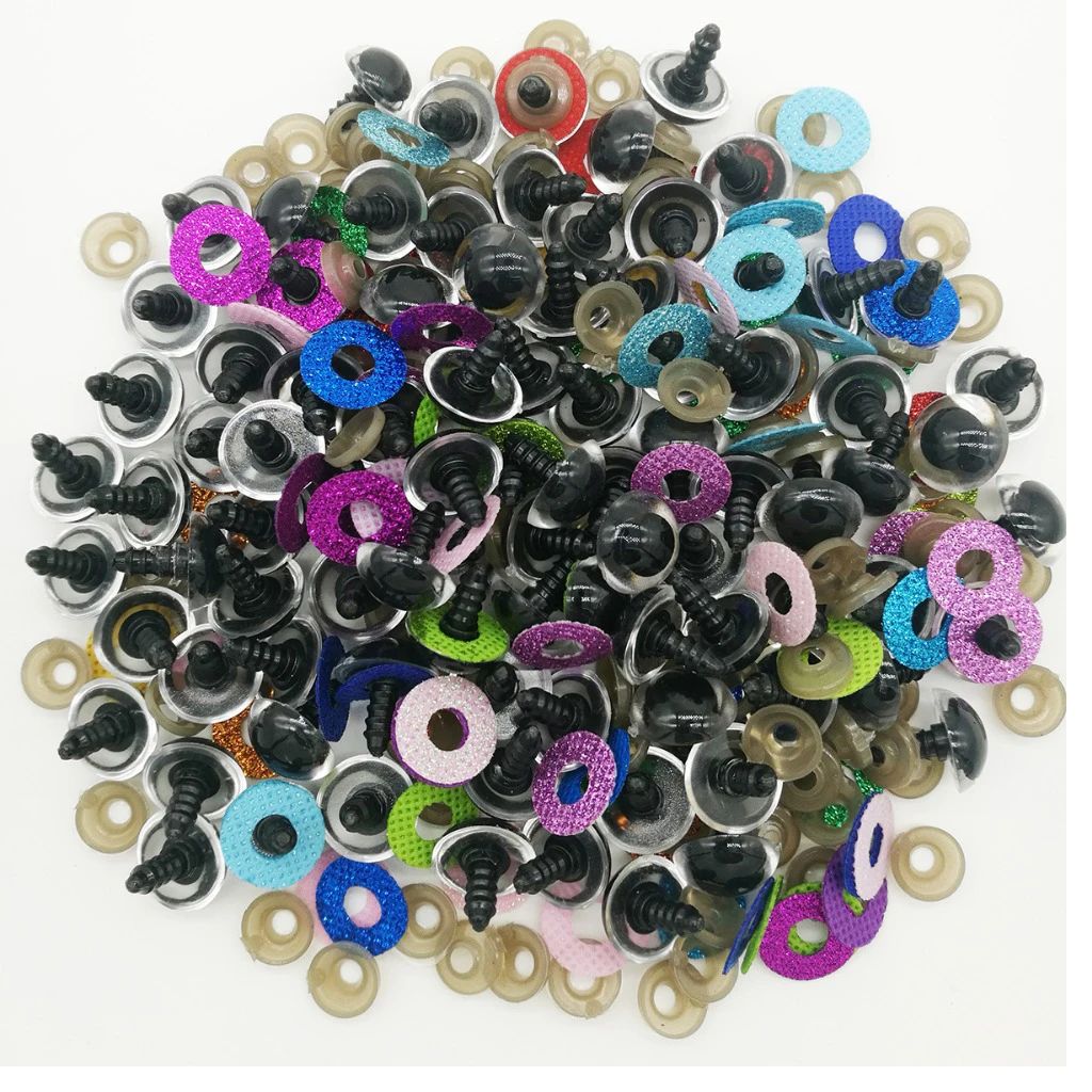 100pcs 10 Colors Plastic Round Safety Eyes + Glitter Nonwovens + Washers For Teddy Bear Soft Stuffed Toy DIY 16mm/18mm/20mm/24mm