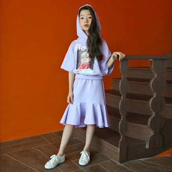 

Girls Suit 2019 New Baby Summer Clothes Cotton Hooded Blouse and Ruffles Skirt Children Printed Leisure Two-piece Set Cute,#5043