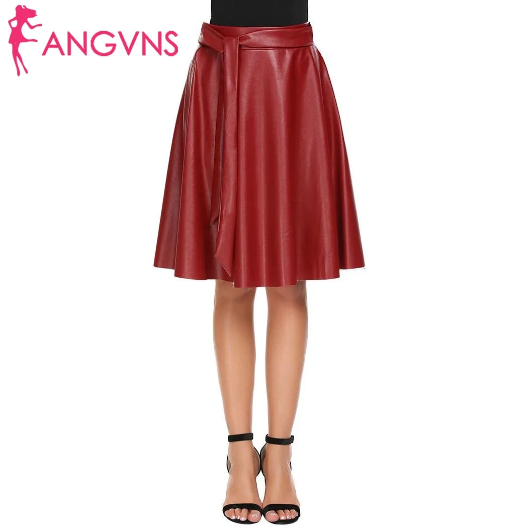 ANGVNS Women Faux leather Skirts Casual Autumn winter PU Solid A-Line Pleated Back Zipper Bow Tie High Waist Swing Skirt Female mini faux leather high waist skirt