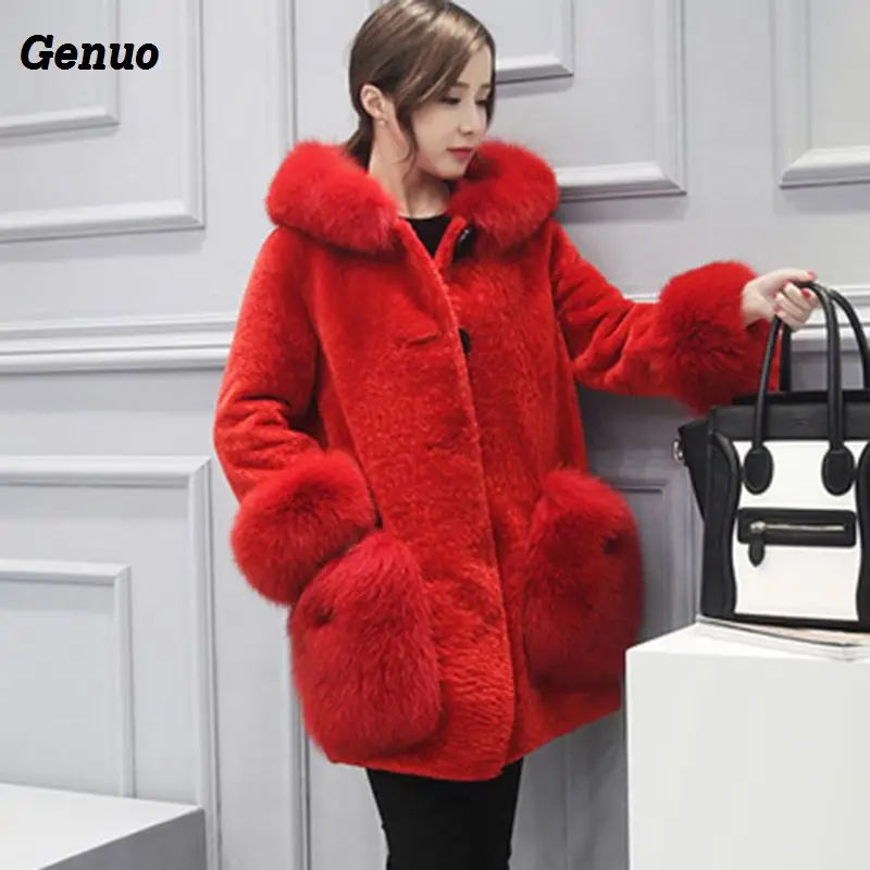 Genuo Winter Luxury Faux Fox Fur Coat Slim Long Faux Fur Jacket Overcoat Women Hooded Fur Pocket Warm Coat Outwear Party Clothes