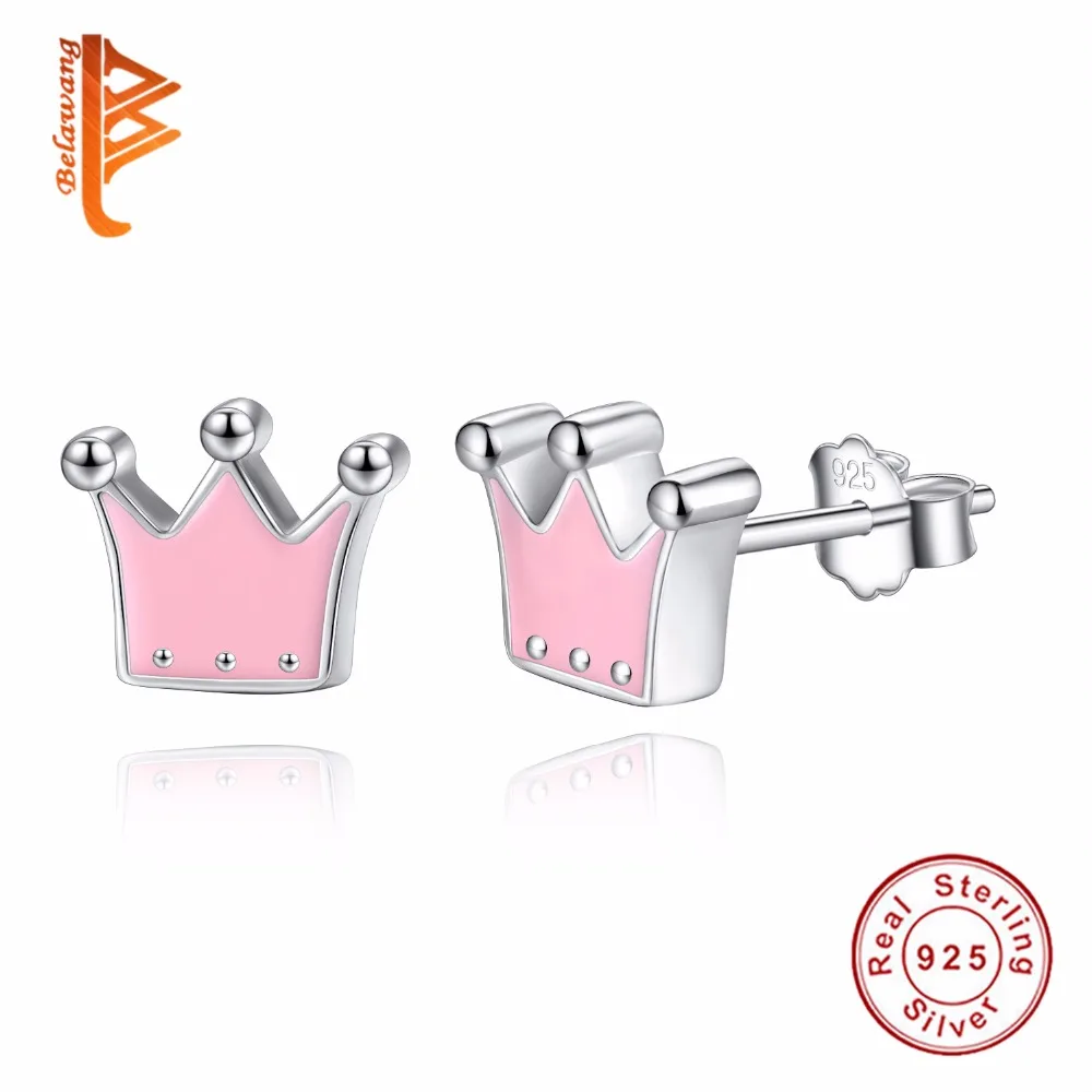Женские серьги гвоздики из серебра 100% пробы с розовой эмалью|crown stud earrings|fashion