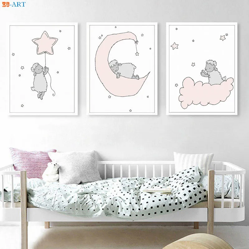 Cute Canvas Painting Lamb Nursery Art Prints Pink And Gray Poster Canvas Painting Lamb Nursery Art Prints