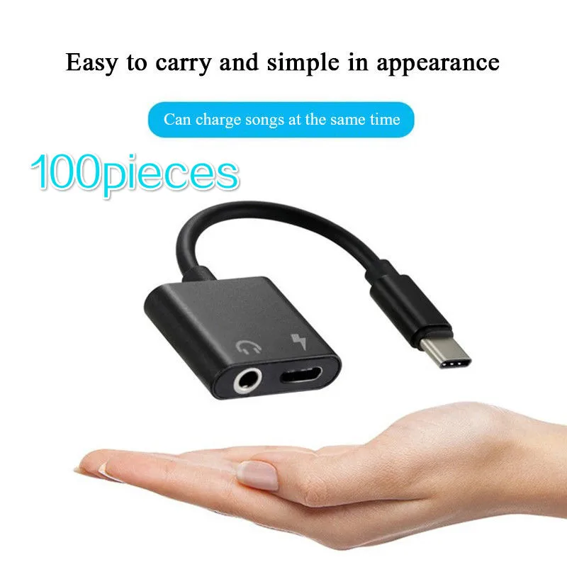 100pcs bundle 2 in1 USB C Type C to 3 5mm Headphone Jack Adapter AUX Sync Data Charge Cable 100 Pieces