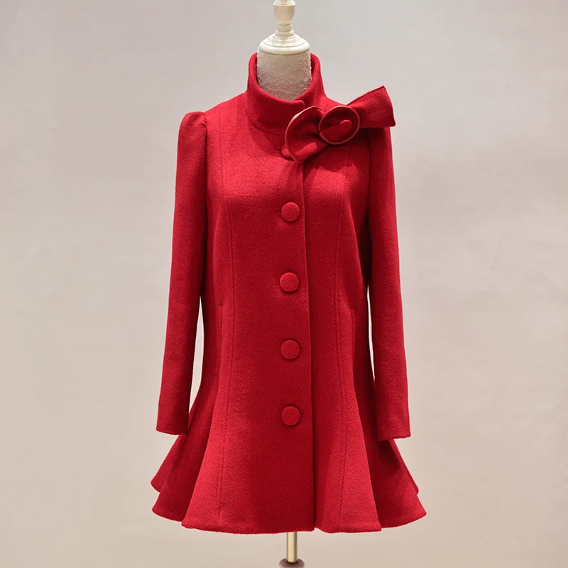 Élégant Long Dabuwawa Parti Hiver Christamas Rouge rouge Manteaux Rose Swing Femmes Unique Rose Survêtement Poitrine Hem Arc qgqzH8