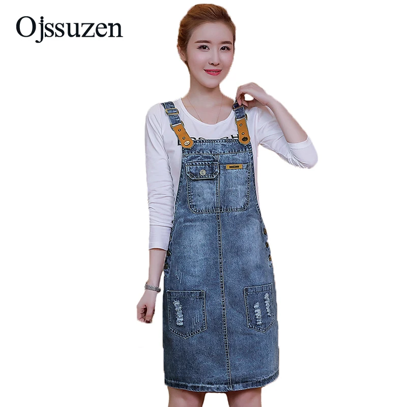 

Summer Slim Sweet Jeans Dress Women Elegant Patchwork Washed Short Suspender Denim Sundress Spring Female Overall Dress Ripped