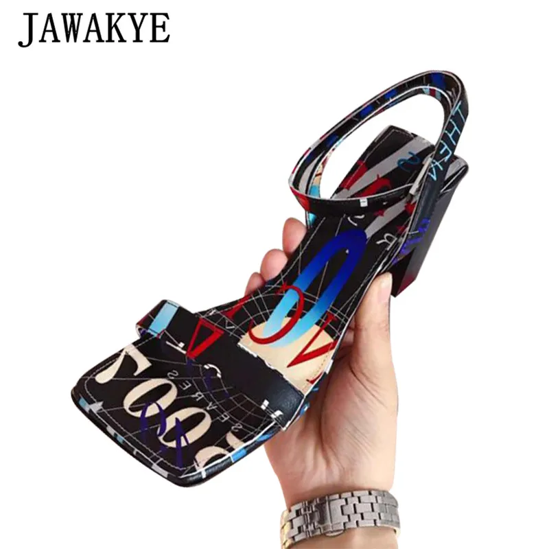 

Fashion Graffiti Sandals Women Square Toe One Strap Chunky Heels Real Leather Cross Strap Peep Toe High Heels Summer Shoes Woman