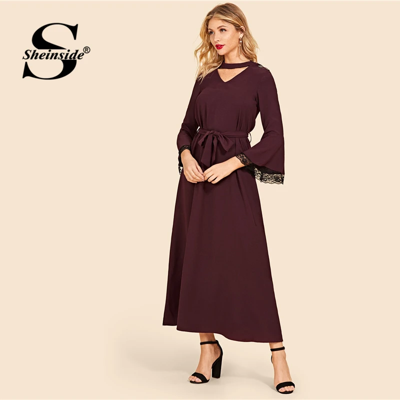 

Sheinside Choker Neck Lace Bell Sleeve Belted Dress Women 2019 Flounce Sleeve V neck Burgundy Dresses Ladies Solid Long Dress