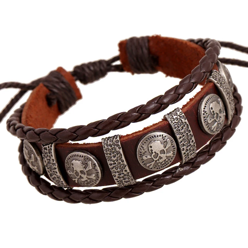

Handmade Boho Gypsy Hippie Vintage Young Punk Brown Leather Skull Metal Charms Wrap Unisex Adjustable Layered Macrame Bracelet
