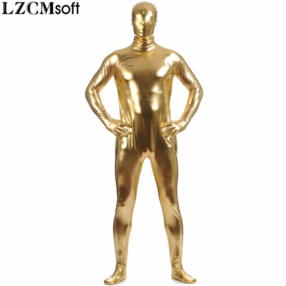 

LZCMsoft Men Full Body Gold Metallic Zentai Adults Shiny Bodysuits Spandex Lycra Tights Costumes Plus Size Skin Suits Halloween