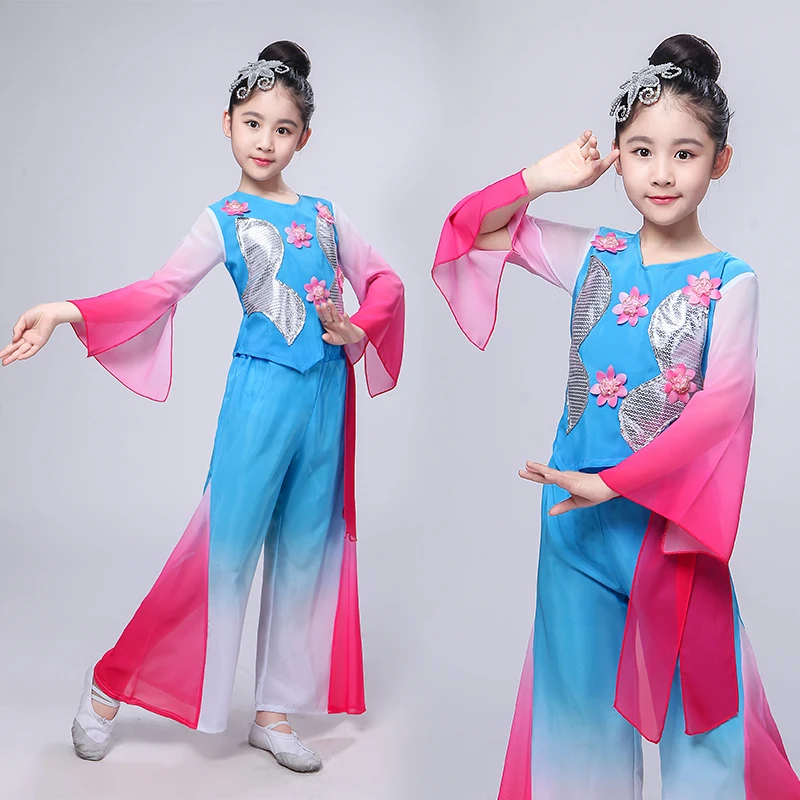 

Children Yangko Dance Costume National Dance Performance Fan Dance Clothing Jasmine Green Traditional Chinese Dance Costume