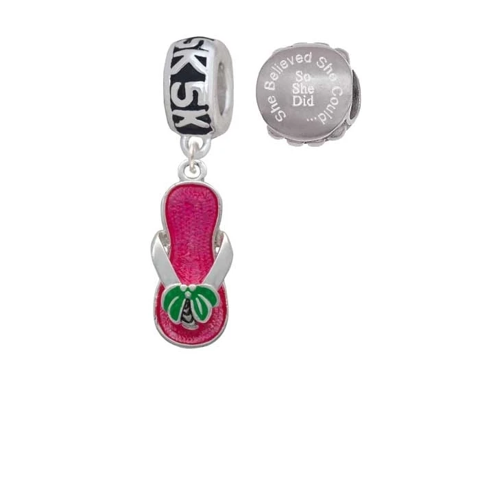 Hot Pink Flip Flop with Palm Tree 5K Run She Believed She Could Charm Beads (Set of 2)