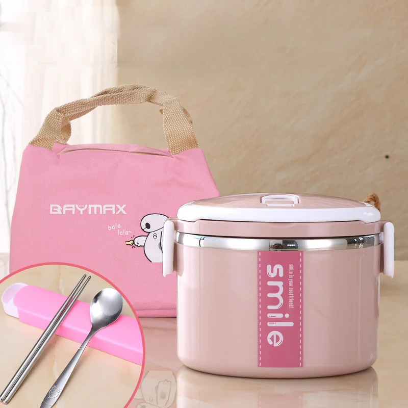 Контейнер для еды из нержавеющей стали с сумкой портативный школьный студенческий детский Bento Box пластиковый Ланч-бокс термостойкий - Цвет: Pink 1 Layer And Bag