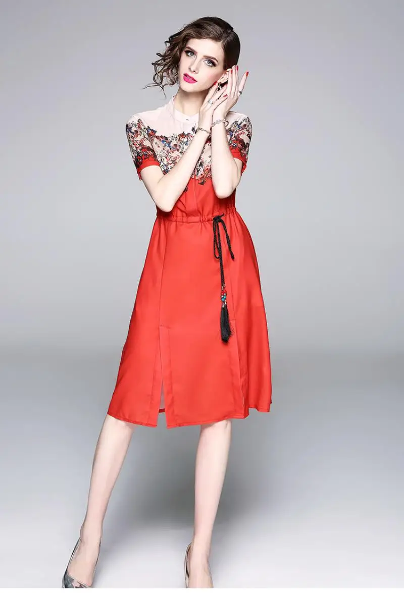 2018 New Autumn European Fashion Print dress Vintage Floral Print Patchwork Short Sleeve Casual Dress With Beaded Belt