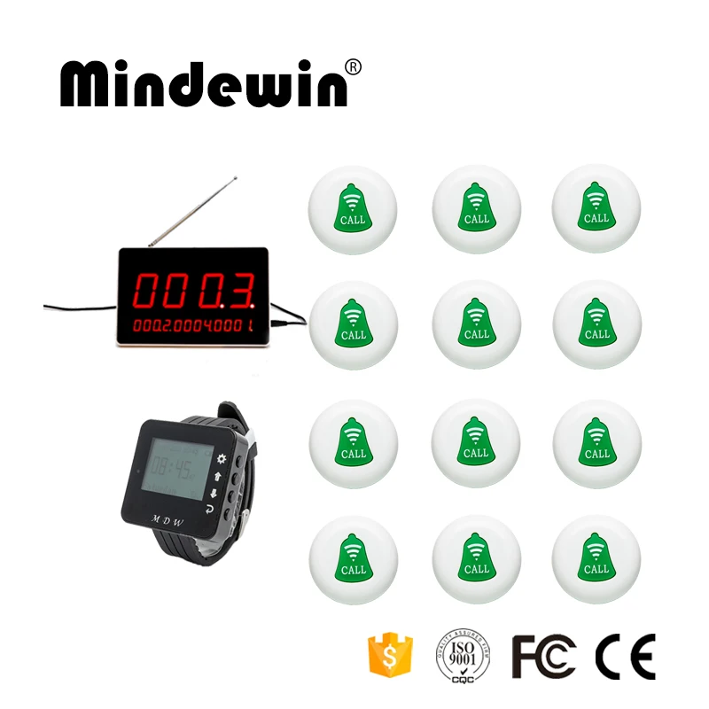

Mindewin Long Range Wireless 12pcs Waiter Calling Bell +1pc LED Display + 1pc Wrist Watch Restaurant Wireless Calling Service