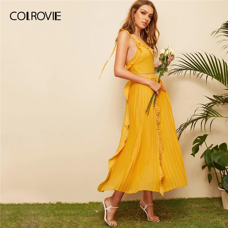 COLROVIE, желтое Плиссированное Платье макси с оборками и открытой спиной, Boho Cami, женское платье, летнее праздничное облегающее и расклешенное платье-комбинация, женские платья