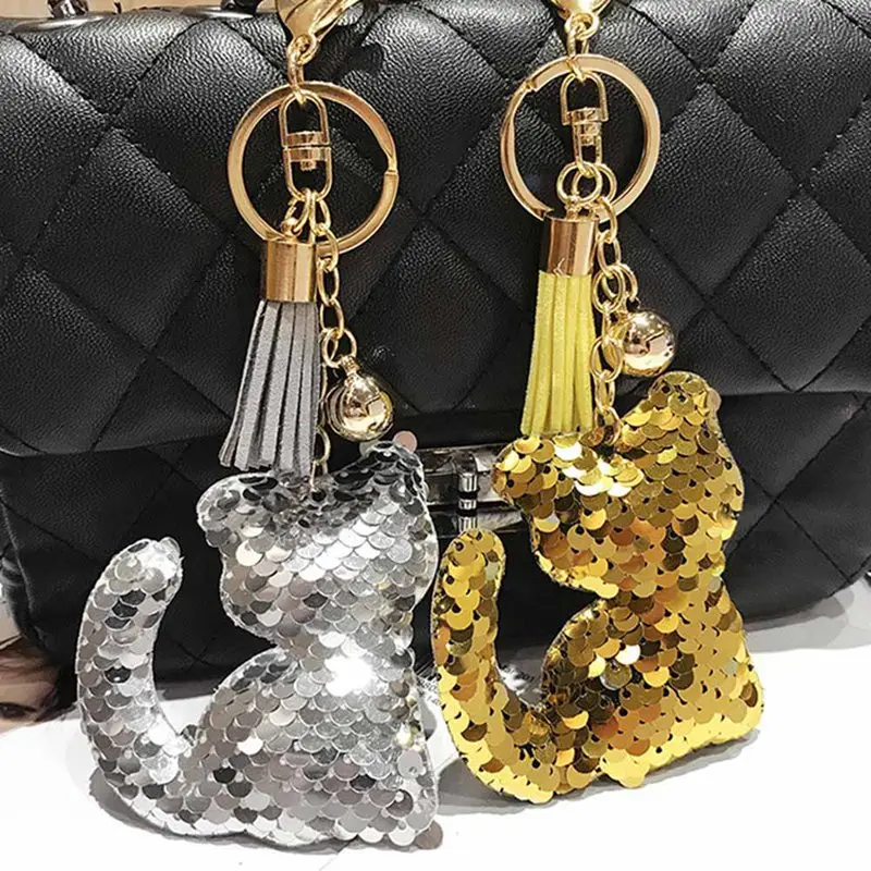 Cute Women Cat Pendants Keychains Keyfobs Shiny Glitter Sequins Cat