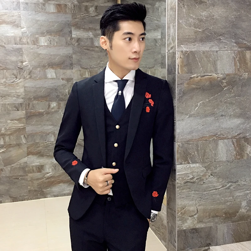 Image 2016 Mens Three Pieces Set Embroidered Suits Black Fashion Trendy Casual Mens Formal Wear Terno Slim Fit masculino Wedding Dress