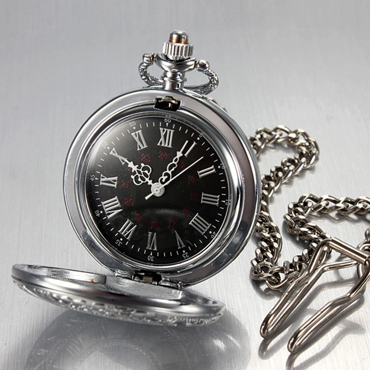 Vintage Silver Hollow Round Case Roman Numerals Black Dial Quartz Pocket Watch