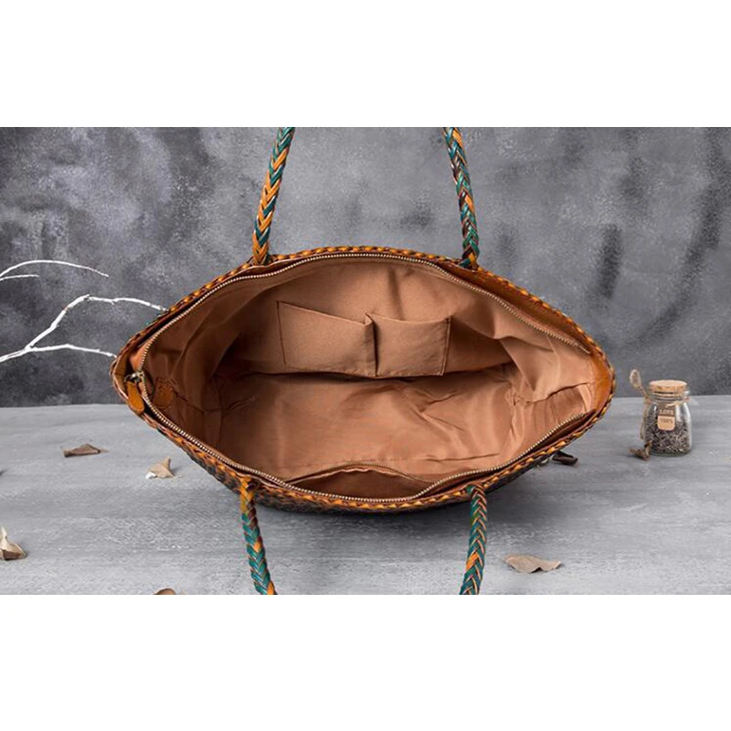 Women Leather Handbag Romantic Big Handmade Woven Totes Female Cowhide Big Holiday Bucket Bag Causal Beach Shoulder Handbags 5