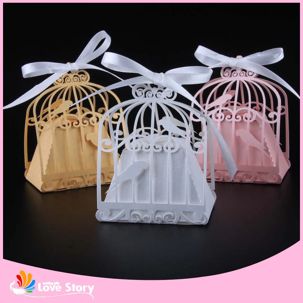 50pcs Birdcage Laser Cut Wedding Box Love Birds Candy Box Gift Box